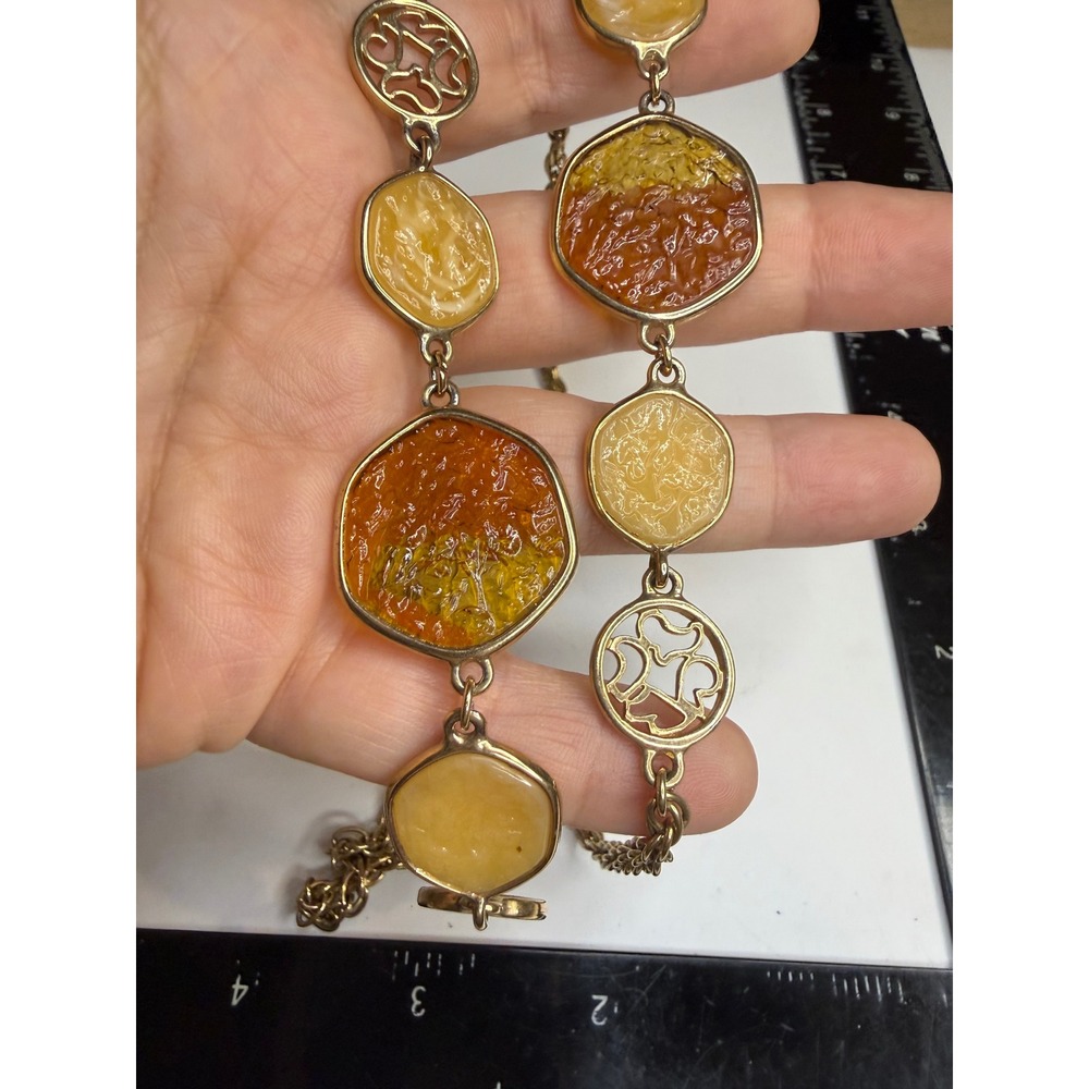 Sarah Coventry Gold Tone Amber Honey Resin Cabochon Long Station Necklace 36in